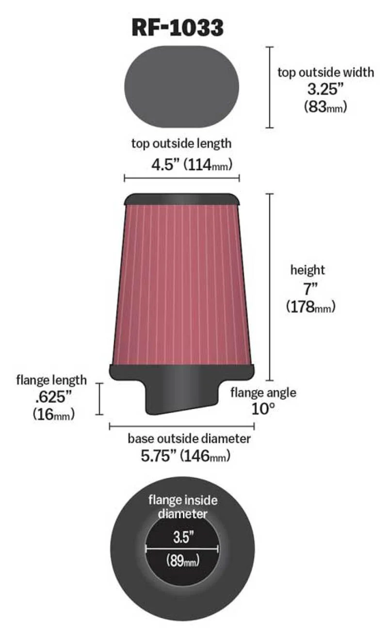 K&N Uni Oval Tapered Air Filter 3.5in 10 Deg. Flg / 3.25in T OW / 4.5in T OL / 5.75in B / 7in H - Image 6
